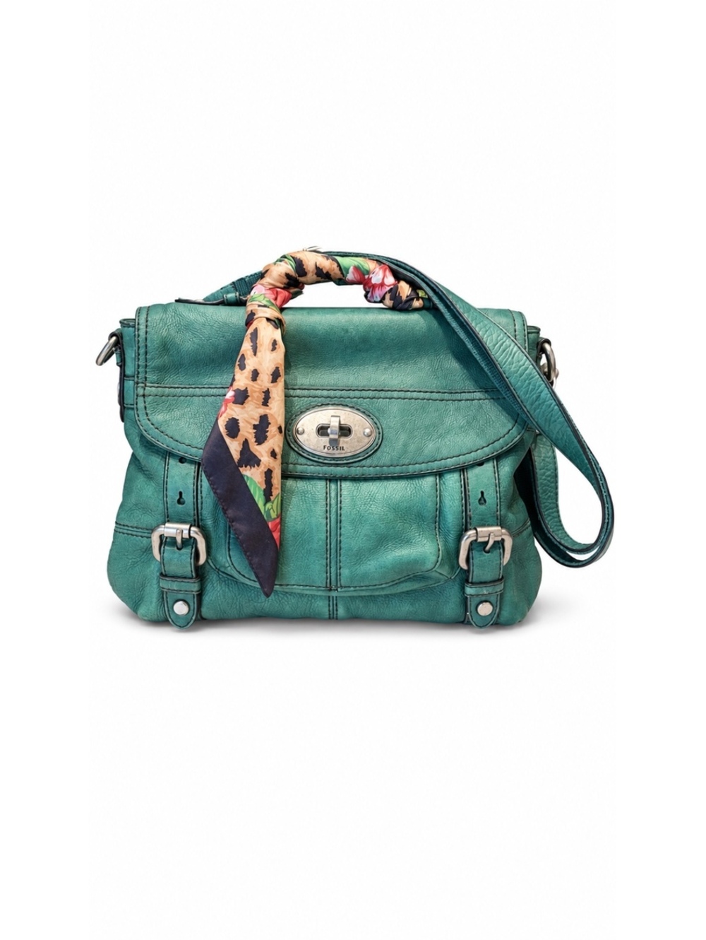 Fossil Maddox Teal Leather Organizer Flap Crossbody Satchel Bag green